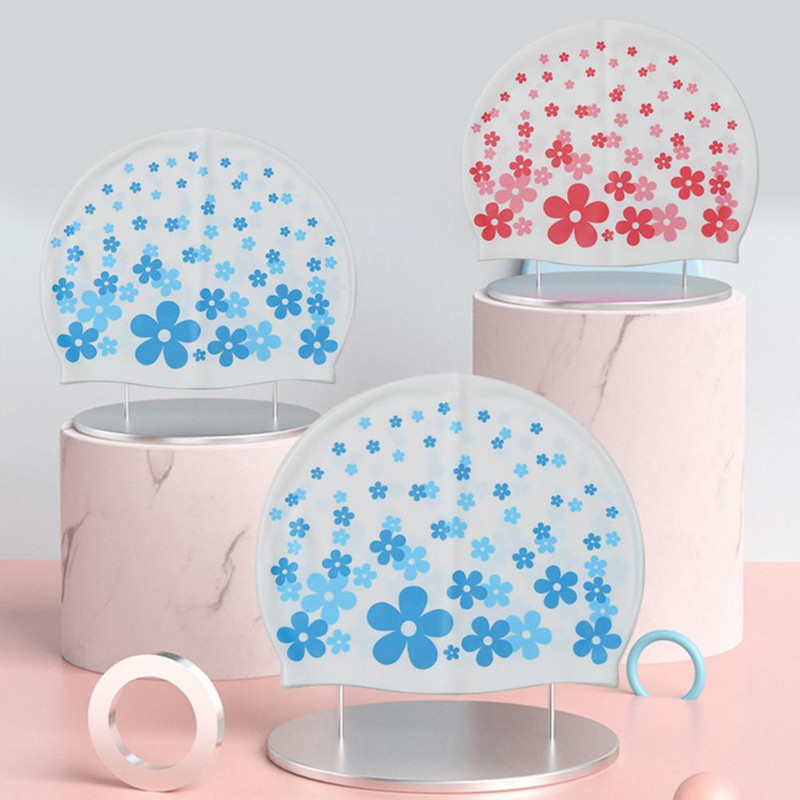 Suure elastsusega ujumismüts Lilleprintidega kõrvakaitsega ujumismüts Värviline naiste meeste silikoonist basseinimüts täiskasvanutele