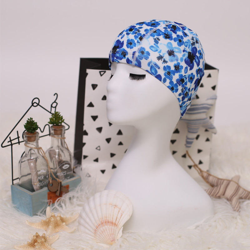 Lilletrükiga kangas Ujumismüts bassein Kaitske pikki juukseid Kõrvad Müts Ujumismütsid Mütsid naistele Mehed Täiskasvanud Naiste Müts