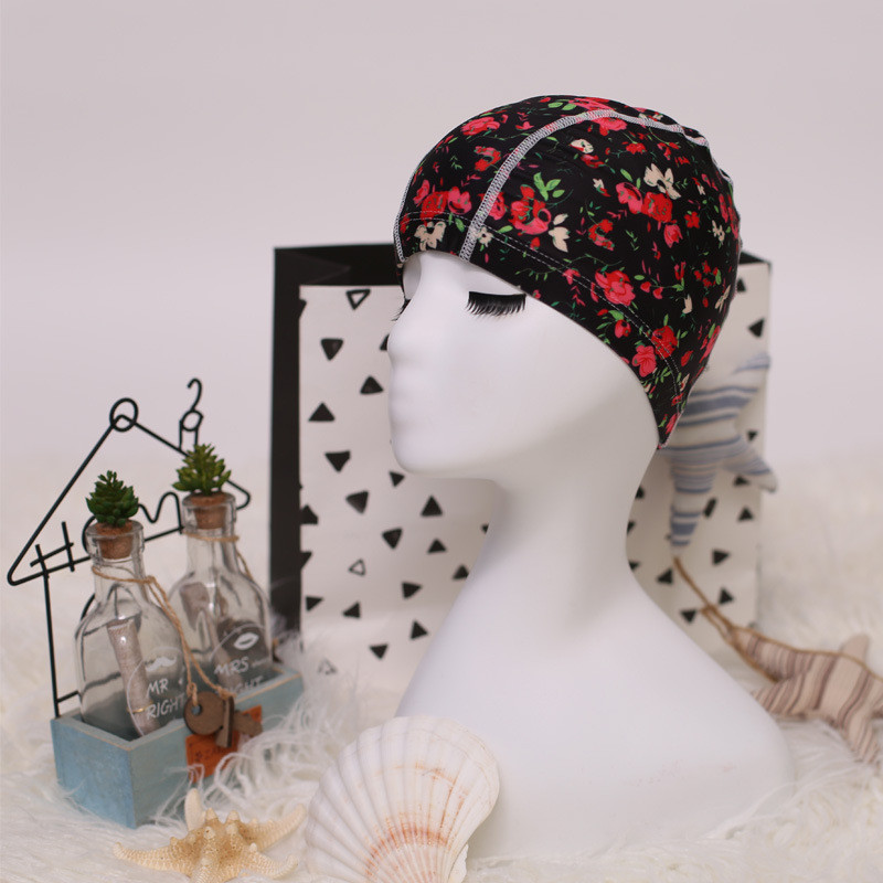 Lilletrükiga kangas Ujumismüts bassein Kaitske pikki juukseid Kõrvad Müts Ujumismütsid Mütsid naistele Mehed Täiskasvanud Naiste Müts