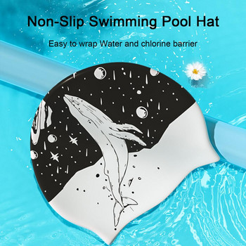 Силиконова шапка за плуване за жени Мъже Професионална шапка за плуване с дълга коса Възрастни Шапка за баня с двустранен принт Шапка за плуване