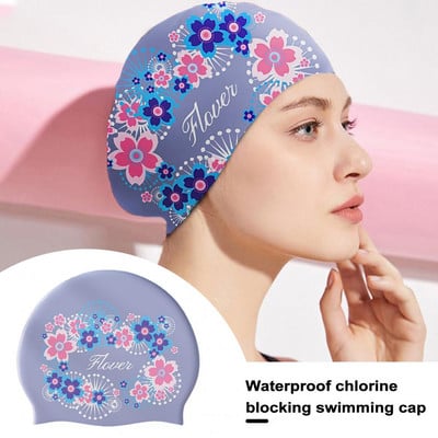 Шапка за плуване Силиконова нехлъзгаща се шапка за басейн Дизайн на щампа Шапка за защита на ушите Спортни шапки за плуване за жени