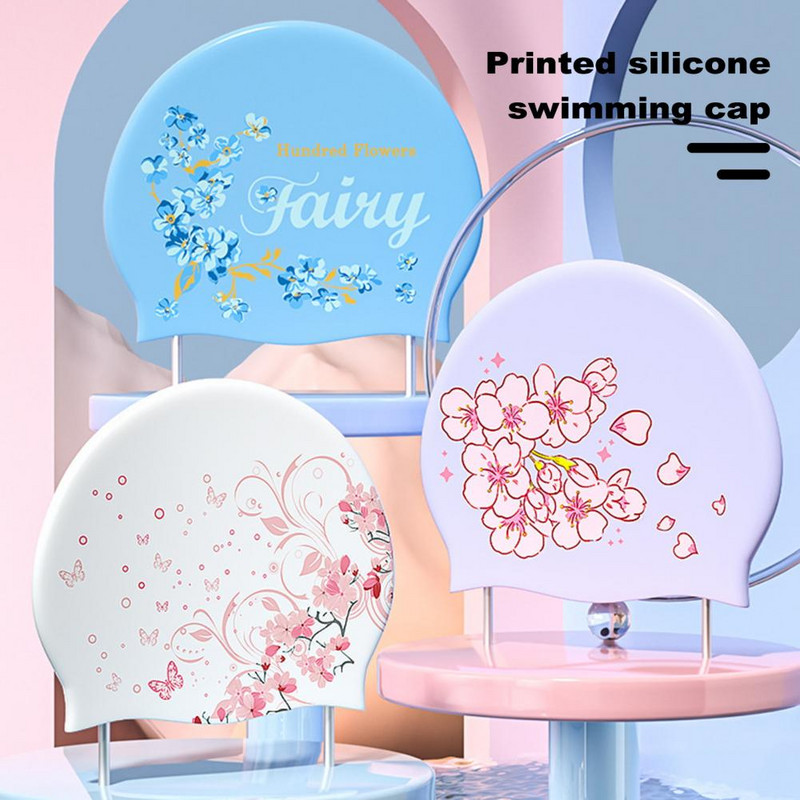 Pălărie de înot, silicon anti-alunecare, pălărie pentru piscină, design cu imprimare, pălărie de protecție a urechilor, șepci sport pentru înot pentru femei