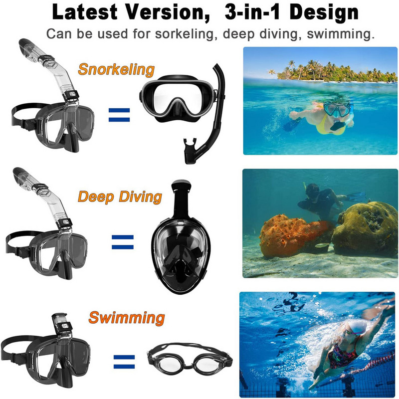 Mască de scufundări Set mască de snorkeling pliabilă anti-ceață cu sistem complet uscat pentru înot gratuit Echipament profesional de snorkeling Adulți Copii