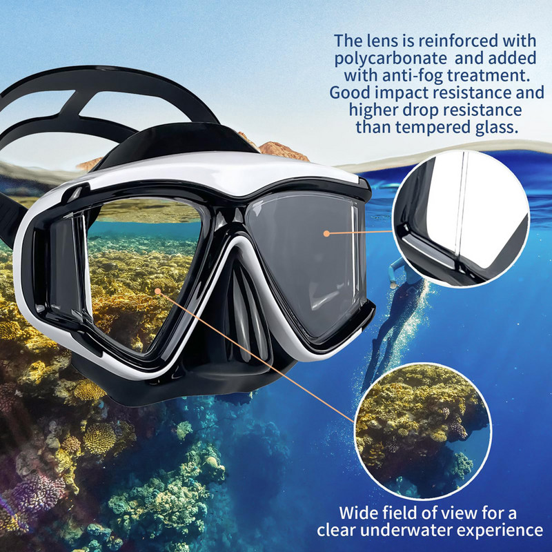 Маска за гмуркане Шнорхел Очила за плуване Силиконова пола 3 прозорци Против замъгляване Против изтичане Широк изглед Панорамен HD за възрастни младежи