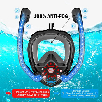 Μάσκα με αναπνευστήρα σε όλο το πρόσωπο 180° Πανοραμική όψη Γυαλιά κολύμβησης κατάδυσης για κολύμβηση με αναπνευστήρα από σιλικόνη Dry Top με 2 αναπνευστήρες κατά της ομίχλης κατά Lea