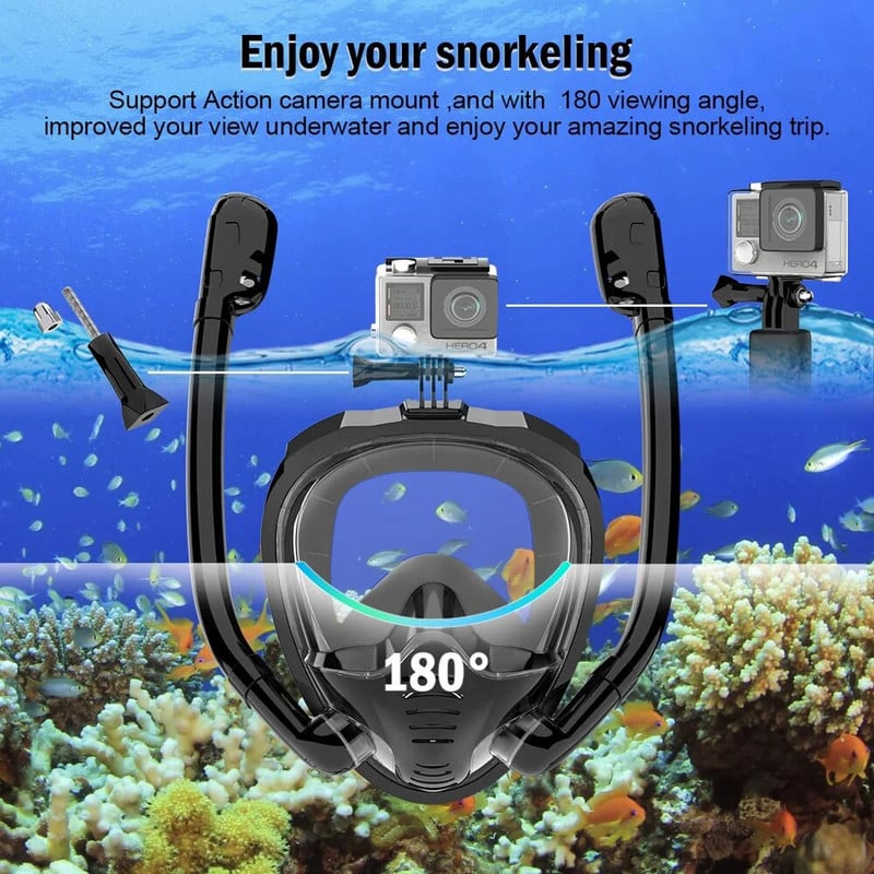 Viso veido nardymo kaukė 180° Panoraminis vaizdas Silikoninis sausas paviršius nardymo plaukimo akiniai su 2 snorkels Anti-Fog Anti-Lea
