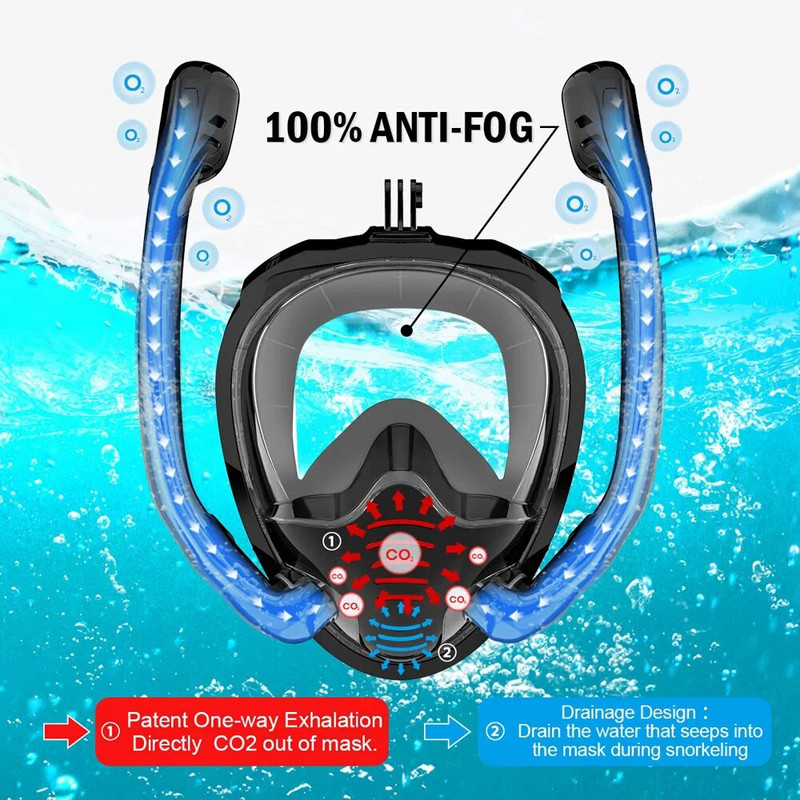 Viso veido nardymo kaukė 180° Panoraminis vaizdas Silikoninis sausas paviršius nardymo plaukimo akiniai su 2 snorkels Anti-Fog Anti-Lea