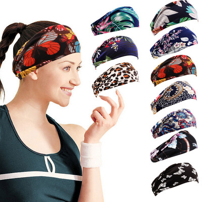 Floral Yoga Elastic Hair Band Fashion Women Headband Printed Bohemian Wide Sports Side Stretch Gym Headband Running Accessories
