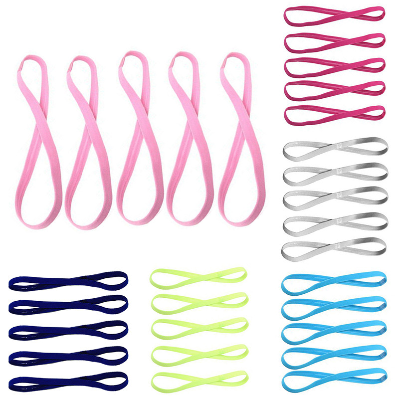 5Pcs Candy Color Жени Мъже Йога ленти за коса Спортна лента за глава Неплъзгаща се Еластична гумена лента за пот Футболни аксесоари за коса