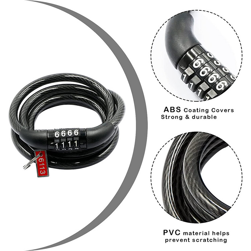 Kerékpárzár kábel alapvető öntekervényes lánc biztonsági jelszó 4 számjegyű lopásgátló kombinációs számkód Kerékpártartozékok