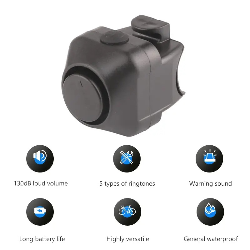 Kerékpár elektronikus kürt 5 féle csengőhang gyermek csengő 130 dB szuper hangos CR2032 robogókhoz, országúti kerékpárokhoz és MTB-hez