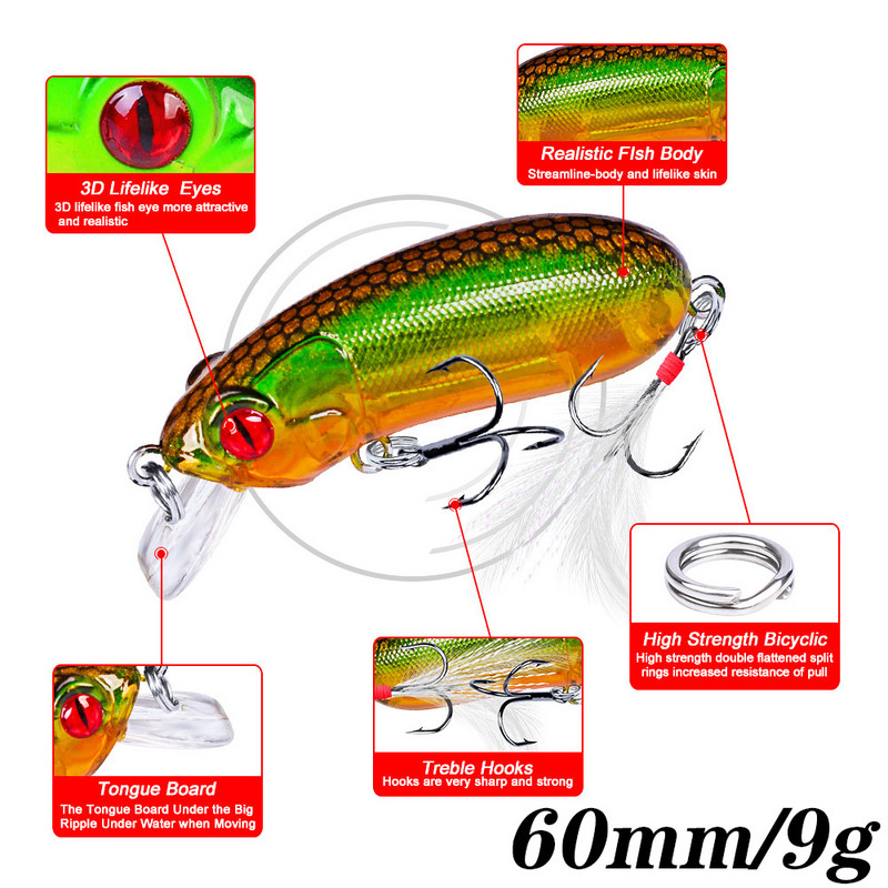 1 db 60 mm-es 9g Minnow horgászcsali úszó wobblerek 3D szemek mesterséges műanyag kemény csali csalik Bass Pike Peche számára