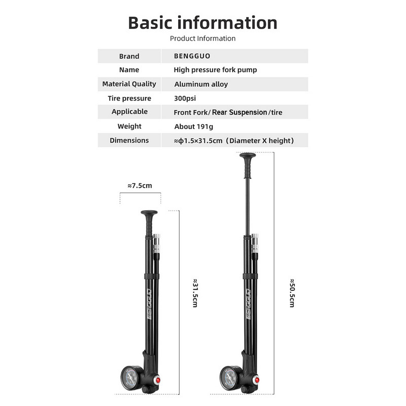 300 PSI nagynyomású hordozható kerékpár gumiabroncs légfúvó szivattyú karral és mérőműszerrel az első villa hátsó felfüggesztésű abroncsához