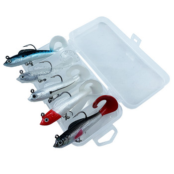 Υψηλής ποιότητας Ζωντανό Σετ 5 τμχ Long Tail Sink Fish Fishing Lures Tackle Soft Bait Bass Baits Grubs Treble Hooks Case Storage Box