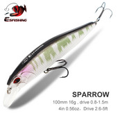 ESFISHING Hot μοντέλο Fishing Bait 4" 16g Βάθος 0,8-1,5m Sparrow Suspend Minnow Colors for Choose Hard Lure Tackle Sharp Hooks