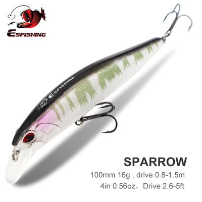 ESFISHING Горещ модел Риболовна стръв 4" 16g Дълбочина 0,8-1,5m Sparrow Suspend Minnow Цветове за избор на твърда примамка Остри куки