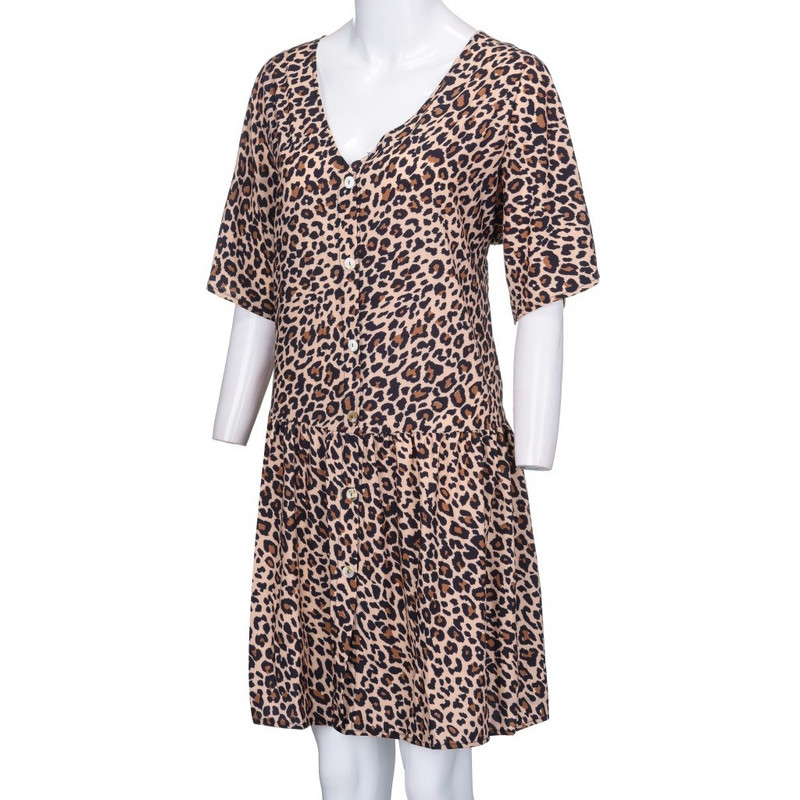 Női ruhák Laza nyári szexi V nyakú Leopard Boho Beach Ruha Fodros Rövid ujjú Egyenes Mini Ruha Napruha Köntös vestidos