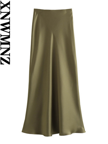 XNWMNZ Γυναικεία Μόδα 2023 Flowing Satin Midi Γυναικεία φούστα Vintage ελαστική ψηλή μέση γυναικεία φούστα High Street