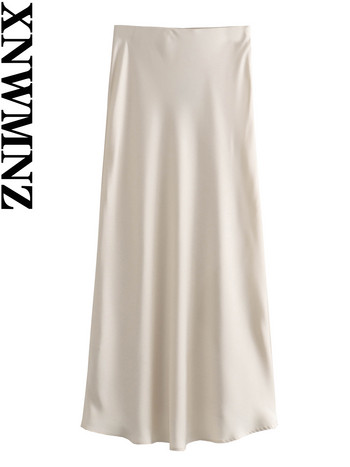 XNWMNZ Γυναικεία Μόδα 2023 Flowing Satin Midi Γυναικεία φούστα Vintage ελαστική ψηλή μέση γυναικεία φούστα High Street