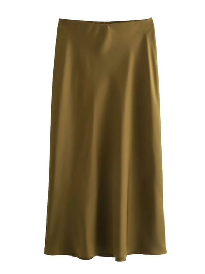 XNWMNZ Γυναικεία Μόδα 2023 Flowing Satin Midi Γυναικεία φούστα Vintage ελαστική ψηλή μέση γυναικεία φούστα High Street