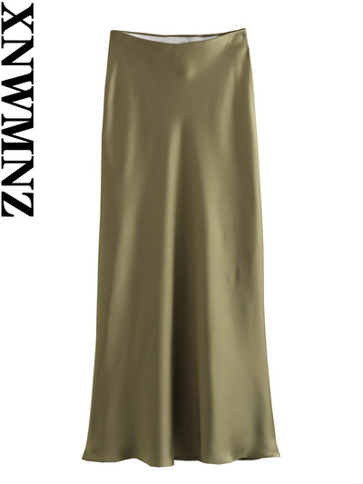XNWMNZ Γυναικεία Μόδα 2023 Flowing Satin Midi Γυναικεία φούστα Vintage ελαστική ψηλή μέση γυναικεία φούστα High Street