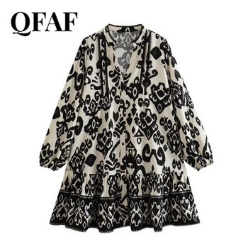 QFAF Γυναικεία Μόδα Paisley Floral Print Μακρυμάνικο Μονόστηθο Μεγάλη Κούνια Φαρδιά Smock Babydoll Φόρεμα Γυναικεία Φορέματα Vestidos