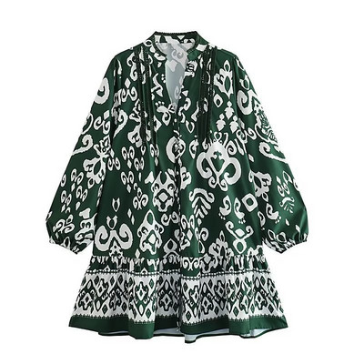 QFAF Női divat Paisley virágmintás hosszú ujjú, egysoros, nagy lengő, bő smock Babydoll ruha Női ruhák Vestidos