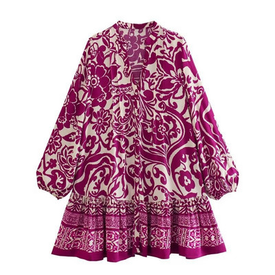 QFAF Női divat Paisley virágmintás hosszú ujjú, egysoros, nagy lengő, bő smock Babydoll ruha Női ruhák Vestidos