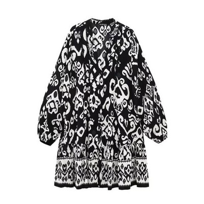 QFAF Női divat Paisley virágmintás hosszú ujjú, egysoros, nagy lengő, bő smock Babydoll ruha Női ruhák Vestidos