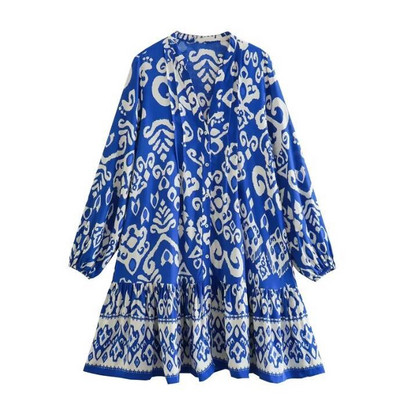 QFAF Női divat Paisley virágmintás hosszú ujjú, egysoros, nagy lengő, bő smock Babydoll ruha Női ruhák Vestidos