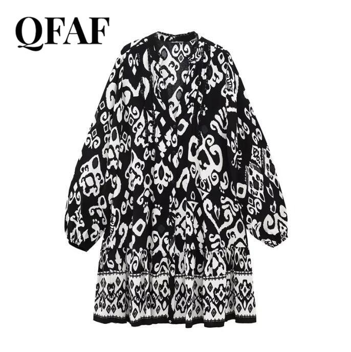 QFAF Női divat Paisley virágmintás hosszú ujjú, egysoros, nagy lengő, bő smock Babydoll ruha Női ruhák Vestidos
