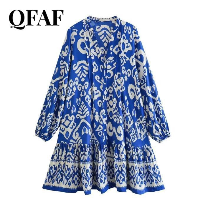 QFAF Női divat Paisley virágmintás hosszú ujjú, egysoros, nagy lengő, bő smock Babydoll ruha Női ruhák Vestidos