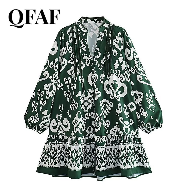 QFAF Női divat Paisley virágmintás hosszú ujjú, egysoros, nagy lengő, bő smock Babydoll ruha Női ruhák Vestidos