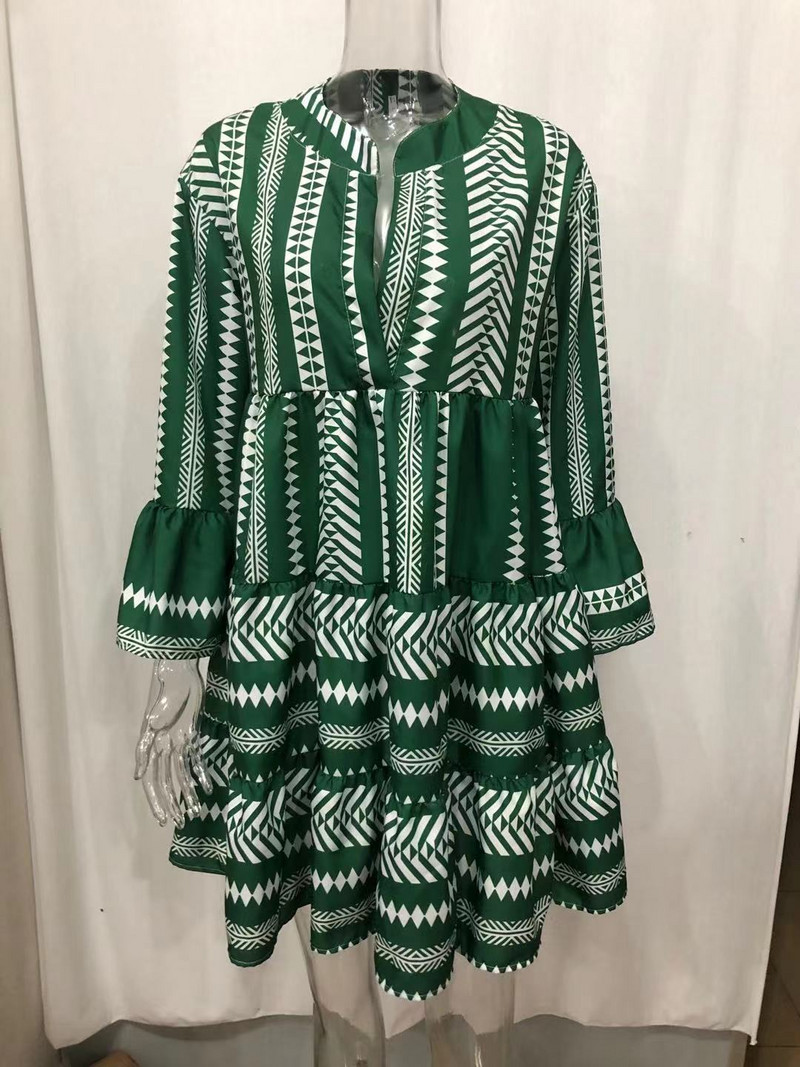 Női V-nyakú, csíkos mintás ruha Alkalmi, lobogó ujjú mini ruha Női Boho szabadidős A vonalas party napruhák Vestidos