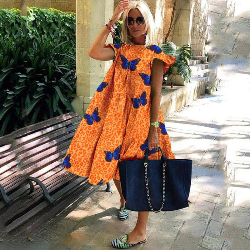 Nagyméretű ruha kerek nyakú rózsaszín juharlevél pillangómintás lenge alkalmi strandruha Női elegáns ruhák midi ruhák divat