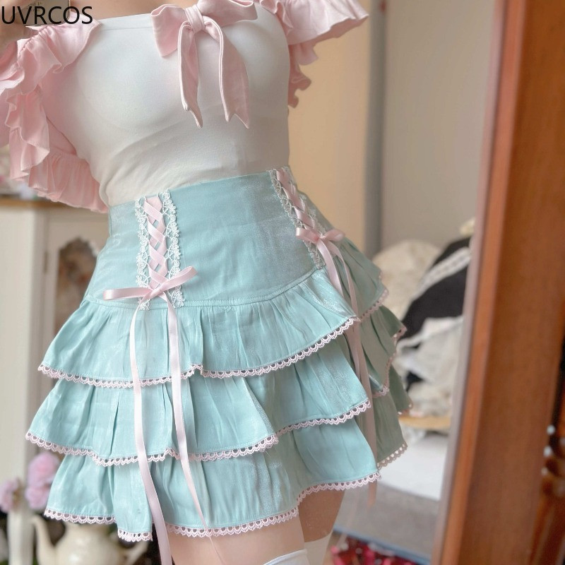 Japán Kawaii Lolita stílusú redőzött szoknyák női magas derekú rózsaszín kötszer Fairy Y2k esztétikus szoknya Aranyos Faldas Mujer Moda 2023