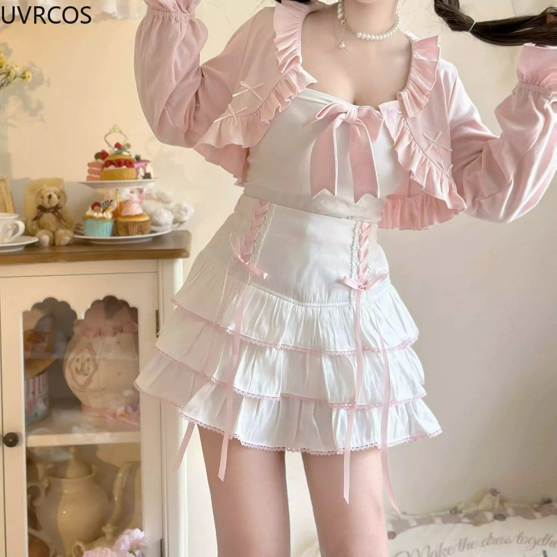 Japán Kawaii Lolita stílusú redőzött szoknyák női magas derekú rózsaszín kötszer Fairy Y2k esztétikus szoknya Aranyos Faldas Mujer Moda 2023