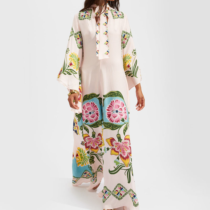 Elegáns, hosszú ujjú, bő buliruhák tavaszi vintage mintás nyomott köntös ruha női álló nyakú magas derekú bohém ruha