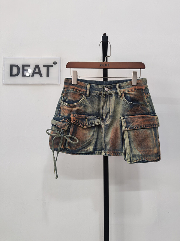 DEAT női farmer szoknyák több zsebben Patchwork mosott fűzős Cargo A-vonalú miniszoknya 2024 nyári új divat 29L3411