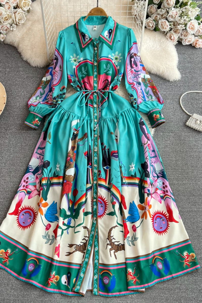 Luxus Designer Runway ruhák női póló nyakú lámpás ujjú, bő, fűzős, egysoros retro virágmintás Senior maxi ruha