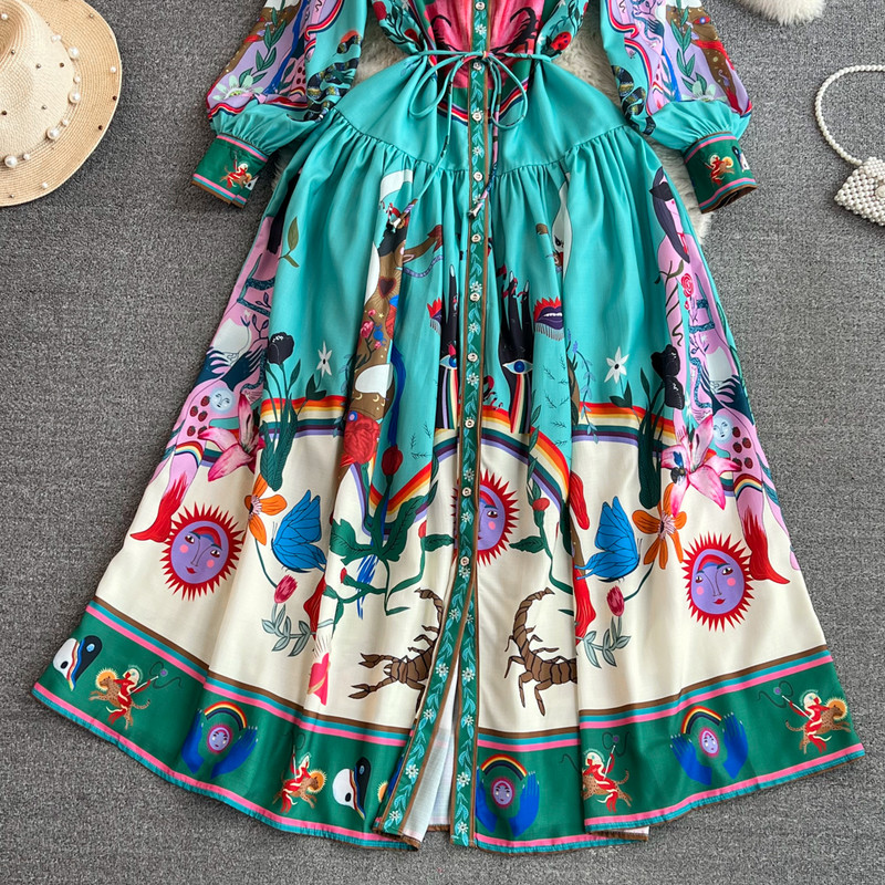 Luxus Designer Runway ruhák női póló nyakú lámpás ujjú, bő, fűzős, egysoros retro virágmintás Senior maxi ruha