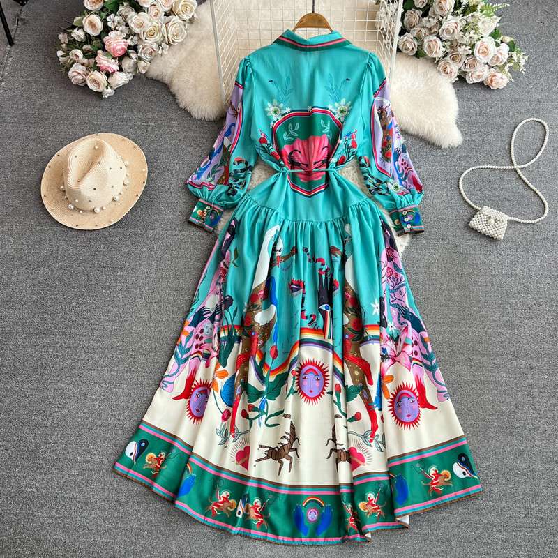 Luxus Designer Runway ruhák női póló nyakú lámpás ujjú, bő, fűzős, egysoros retro virágmintás Senior maxi ruha