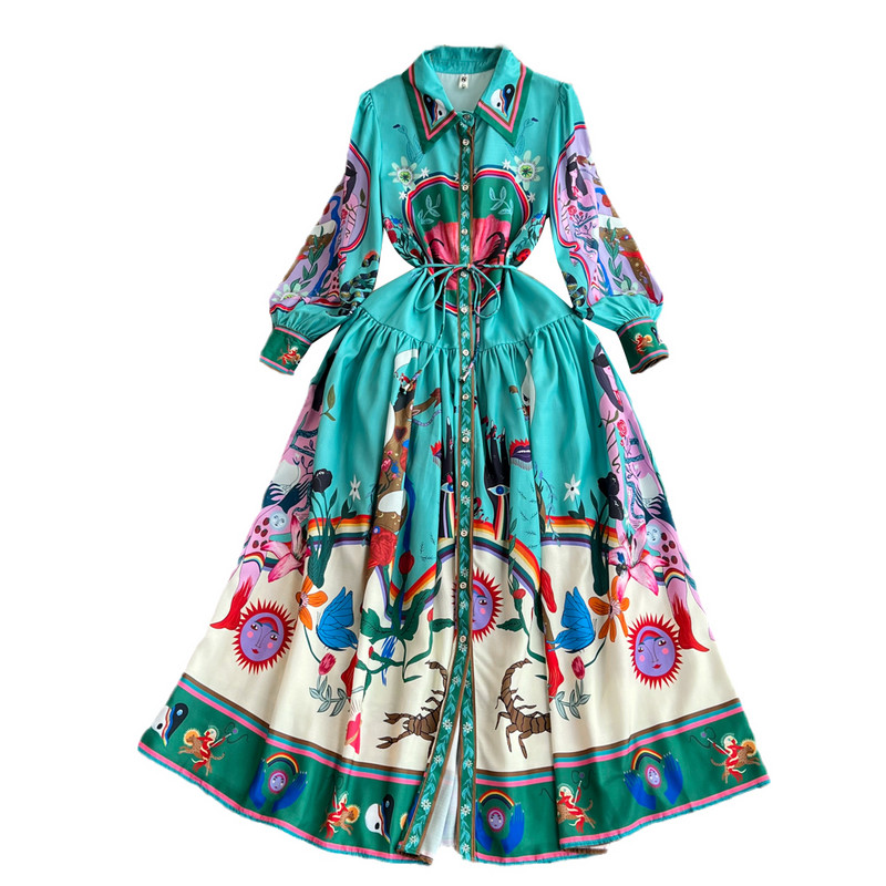 Luxus Designer Runway ruhák női póló nyakú lámpás ujjú, bő, fűzős, egysoros retro virágmintás Senior maxi ruha