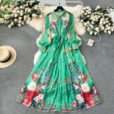 2024-es divat Runway sifon zöld ing, hosszú ruha, női vintage virágmintás, egysoros, elegáns, gyönyörű parti kötszeres ruha