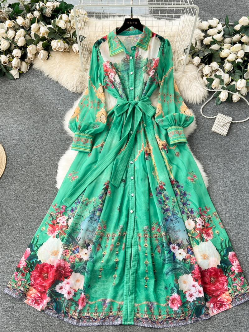 2024-es divat Runway sifon zöld ing, hosszú ruha, női vintage virágmintás, egysoros, elegáns, gyönyörű parti kötszeres ruha