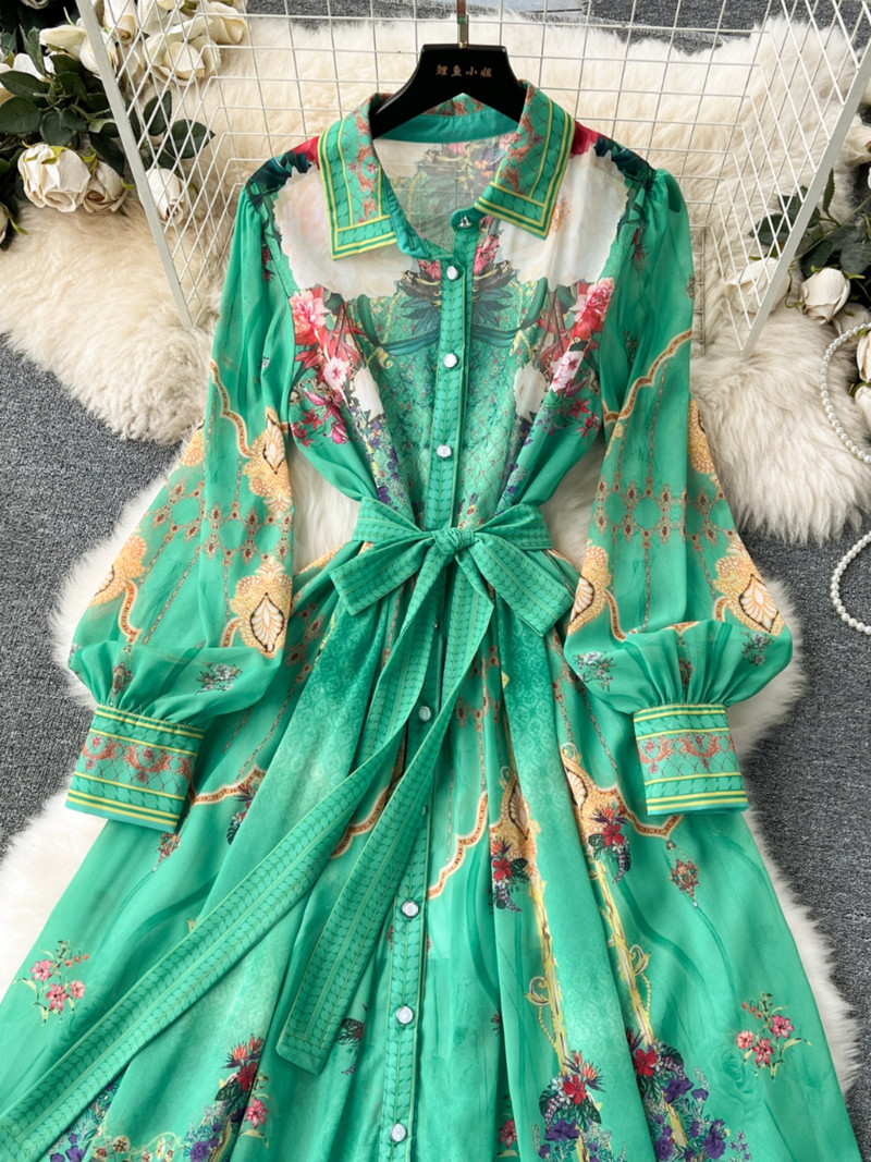 2024-es divat Runway sifon zöld ing, hosszú ruha, női vintage virágmintás, egysoros, elegáns, gyönyörű parti kötszeres ruha