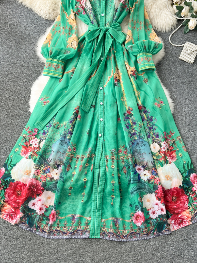 2024-es divat Runway sifon zöld ing, hosszú ruha, női vintage virágmintás, egysoros, elegáns, gyönyörű parti kötszeres ruha