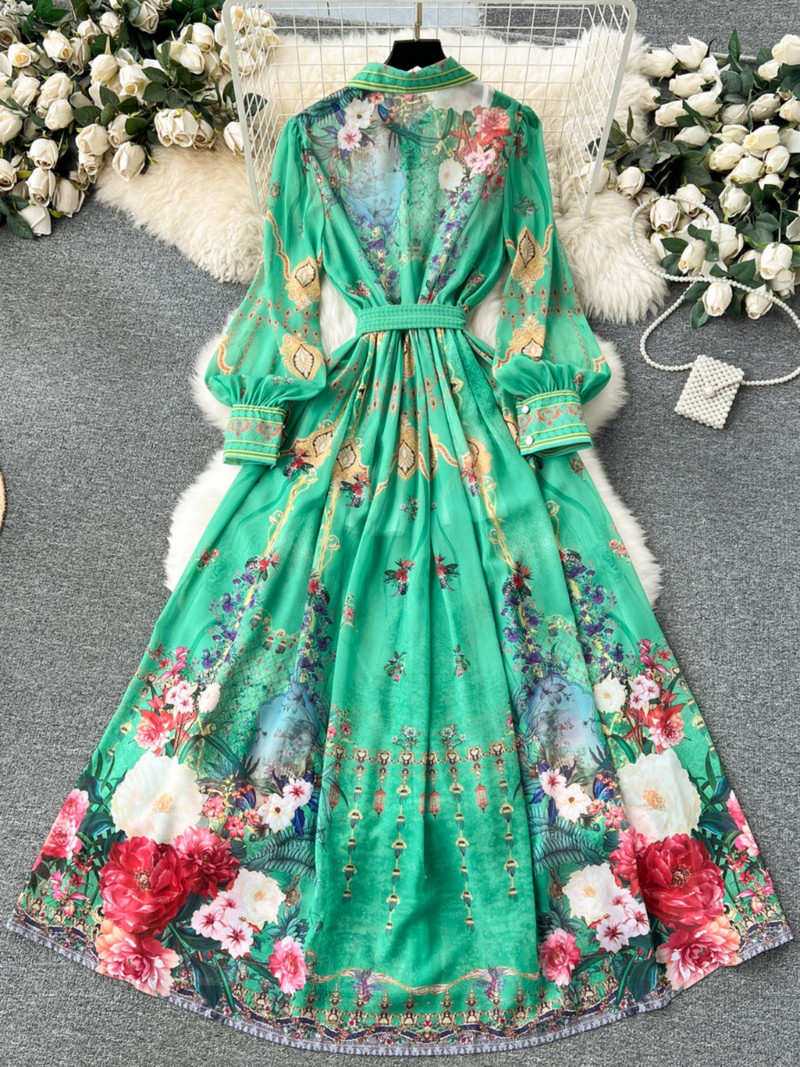 2024-es divat Runway sifon zöld ing, hosszú ruha, női vintage virágmintás, egysoros, elegáns, gyönyörű parti kötszeres ruha