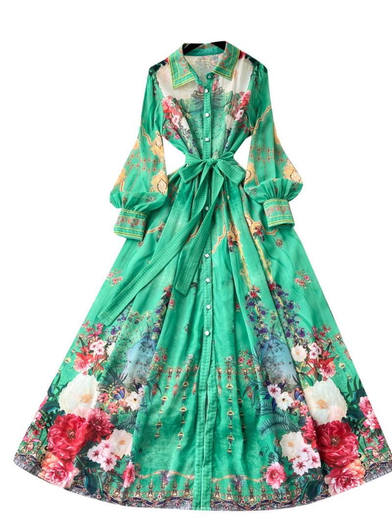 2024-es divat Runway sifon zöld ing, hosszú ruha, női vintage virágmintás, egysoros, elegáns, gyönyörű parti kötszeres ruha