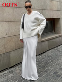 OOTN Κομψές λευκές ψηλόμεσες τρομπέτες Street Chic Satin μακριές φούστες Γυναικεία φθινοπωρινή πολυεστερική μεταξωτή φούστα 2023